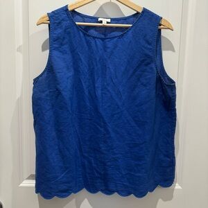 Talbots Linen Blend Solid Blue Scalloped Hem Tank